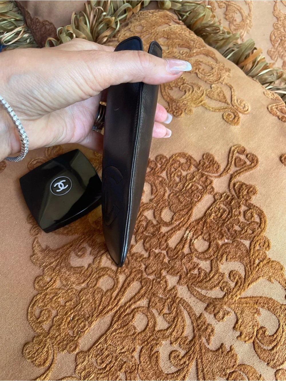 Chanel Black Leather Sunglasses Case with Logo, and Chanel mirror